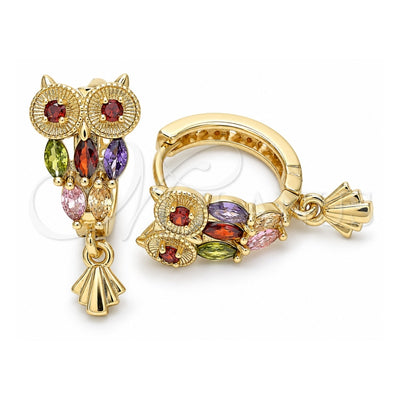 Oro Laminado Huggie Hoop, Gold Filled Style Owl Design, with Multicolor Cubic Zirconia, Polished, Golden Finish, 02.210.0318.20