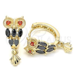 Gold Filled Hoop Earrings — Huggie Hoop Owl Design with Black and White — main product view — SKU 130653 | Oro Laminado aretes de aro — Huggie Hoop Owl diseño with negro and blanco — SKU 130653