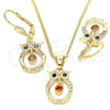 Oro Laminado Earring and Pendant Adult Set, Gold Filled Style Owl Design, with Garnet and Black Cubic Zirconia, Polished, Golden Finish, 10.210.0114.1