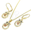Oro Laminado Earring and Pendant Adult Set, Gold Filled Style Owl Design, with Garnet and Black Cubic Zirconia, Polished, Golden Finish, 10.210.0114.1