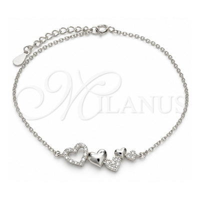 Sterling Silver Fancy Bracelet, Heart Design, with White Micro Pave, Polished, Rhodium Finish, 03.336.0057.07 (01 MM Thickness, 7 Inches Length)