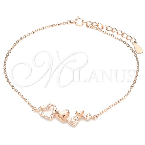 Sterling Silver Fancy Bracelet, Heart Design, with White Micro Pave, Polished, Rose Gold Finish, 03.336.0057.1.07 (01 MM Thickness, 7 Inches Length)