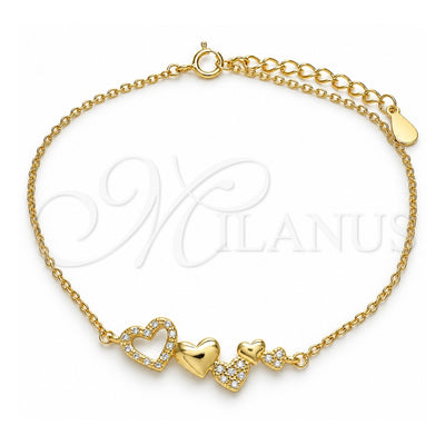 Sterling Silver Fancy Bracelet, Heart Design, with White Micro Pave, Polished, Golden Finish, 03.336.0057.2.08 (01 MM Thickness, 8 Inches Length)