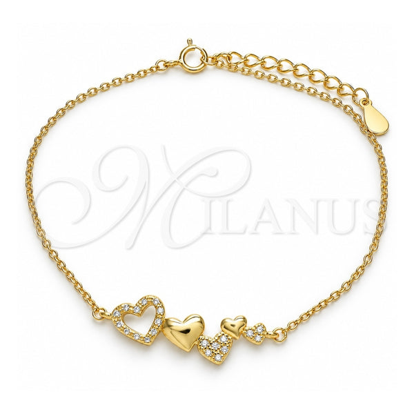 Sterling Silver Fancy Bracelet, Heart Design, with White Micro Pave, Polished, Golden Finish, 03.336.0057.2.08 (01 MM Thickness, 8 Inches Length)