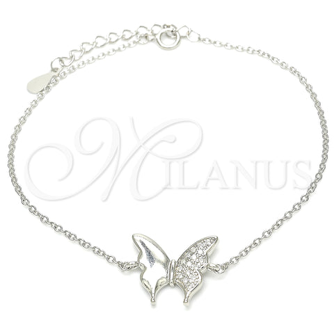 Sterling Silver Fancy Bracelet, Butterfly Design, with White Cubic Zirconia, Polished, Rhodium Finish, 03.336.0058.07 (01 MM Thickness, 7 Inches Length)