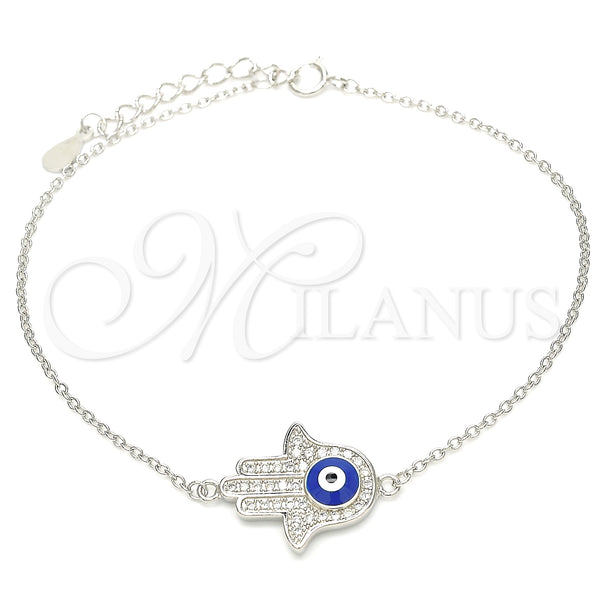 Sterling Silver Fancy Bracelet, Hand of God and Evil Eye Design, with White Micro Pave, Blue Enamel Finish, Rhodium Finish, 03.336.0061.08 (01 MM Thickness, 8 Inches Length)
