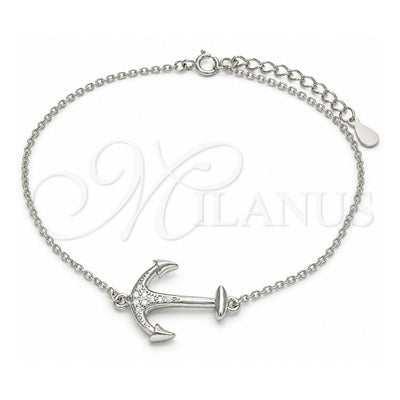 Sterling Silver Fancy Bracelet, Anchor Design, with White Micro Pave, Polished, Rhodium Finish, 03.336.0062.08 (01 MM Thickness, 8 Inches Length)