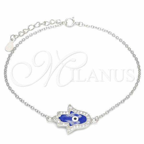 Sterling Silver Fancy Bracelet, Hand of God and Evil Eye Design, with White Micro Pave, Blue Enamel Finish, Rhodium Finish, 03.336.0072.07 (01 MM Thickness, 7 Inches Length)