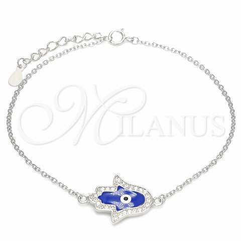 Sterling Silver Fancy Bracelet, Hand of God and Evil Eye Design, with White Micro Pave, Blue Enamel Finish, Rhodium Finish, 03.336.0072.07 (01 MM Thickness, 7 Inches Length)