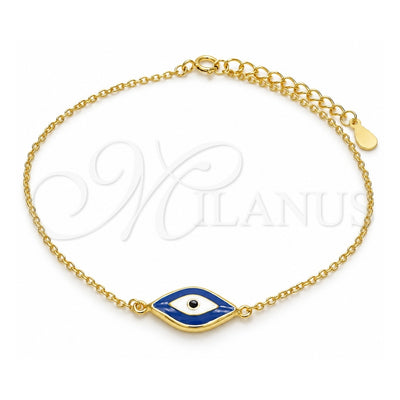 Sterling Silver Fancy Bracelet, Evil Eye Design, Blue Enamel Finish, Golden Finish, 03.336.0073.2.07 (01 MM Thickness, 7 Inches Length)