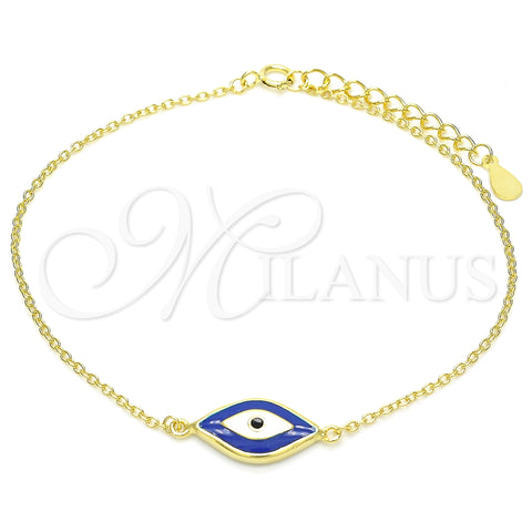 Sterling Silver Fancy Bracelet, Evil Eye Design, Blue Enamel Finish, Golden Finish, 03.336.0073.2.07 (01 MM Thickness, 7 Inches Length)