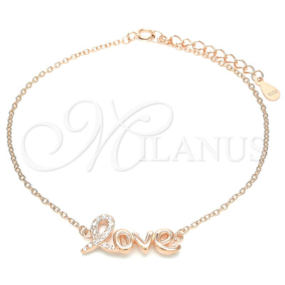Sterling Silver Fancy Bracelet, Love Design, with White Micro Pave, Polished, Rose Gold Finish for wholesale, main product view