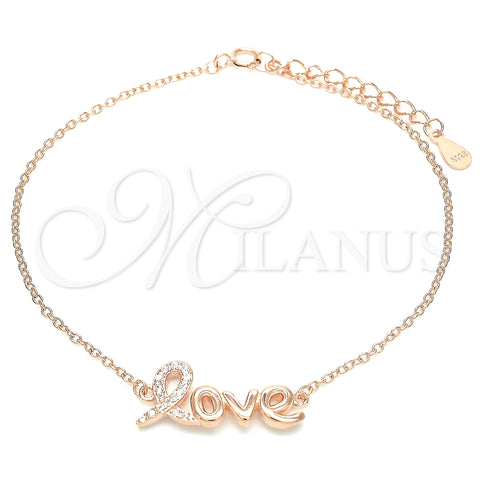 Sterling Silver Fancy Bracelet, Love Design, with White Micro Pave, Polished, Rose Gold Finish, 03.336.0074.1.07 (01 MM Thickness, 7 Inches Length)