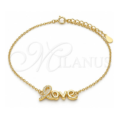 Sterling Silver Fancy Bracelet, Love Design, with White Micro Pave, Polished, Golden Finish, 03.336.0074.2.07 (01 MM Thickness, 7 Inches Length)