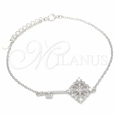 Sterling Silver Fancy Bracelet, key Design, with White Cubic Zirconia, Polished, Rhodium Finish, 03.336.0076.08 (01 MM Thickness, 8 Inches Length)
