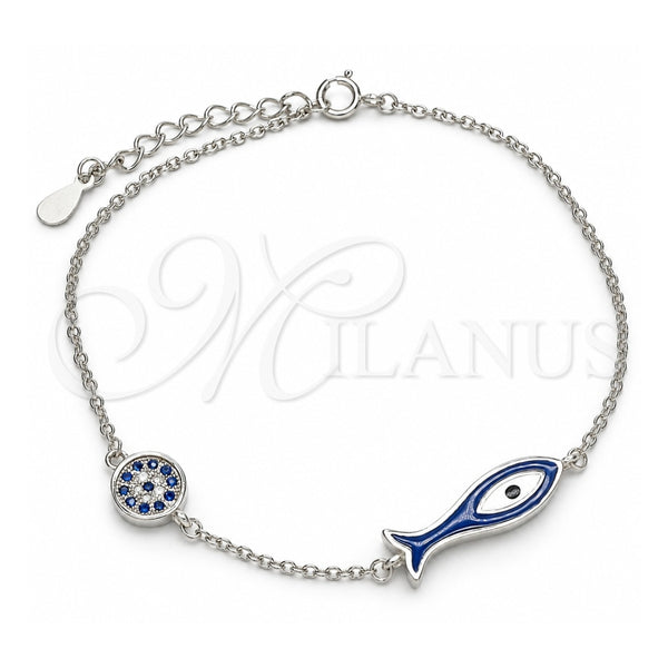 Sterling Silver Fancy Bracelet, Fish Design, with Sapphire Blue and White Micro Pave, Blue Enamel Finish, Rhodium Finish, 03.336.0078.07 (01 MM Thickness, 7 Inches Length)