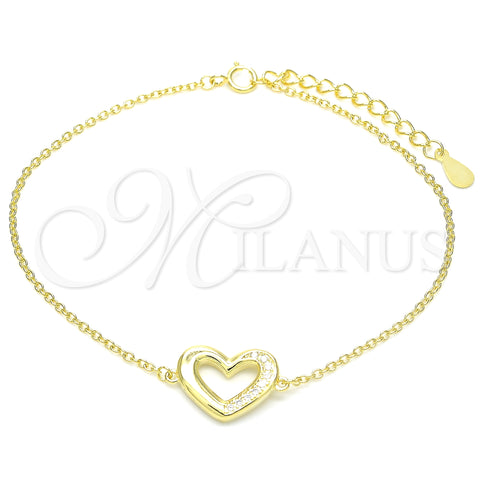 Sterling Silver Fancy Bracelet, Heart Design, with White Micro Pave, Polished, Golden Finish, 03.336.0079.2.07 (01 MM Thickness, 7 Inches Length)