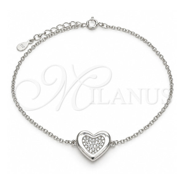 Sterling Silver Fancy Bracelet, Heart Design, with White Cubic Zirconia, Polished, Rhodium Finish, 03.336.0081.08 (01 MM Thickness, 8 Inches Length)
