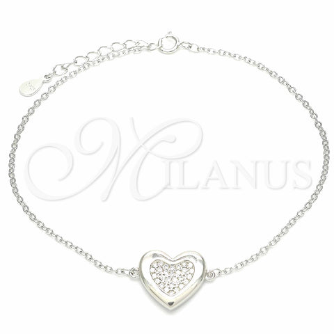 Sterling Silver Fancy Bracelet, Heart Design, with White Cubic Zirconia, Polished, Rhodium Finish, 03.336.0081.08 (01 MM Thickness, 8 Inches Length)