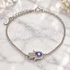Sterling Silver Fancy Bracelet, Judaica and Hand of God Design, with White Cubic Zirconia, Blue Enamel Finish, Rhodium Finish, 03.336.0090.07 (01 MM Thickness, 7 Inches Length)