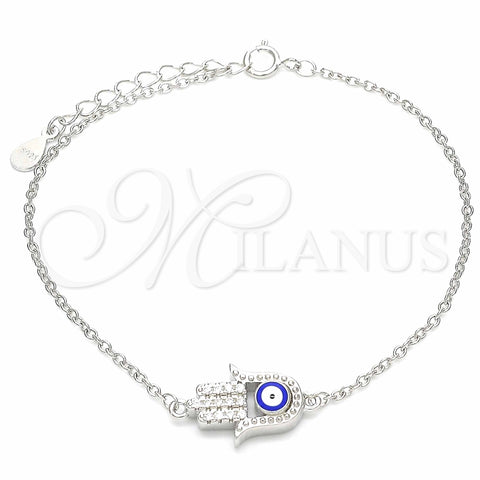 Sterling Silver Fancy Bracelet, Hand of God and Evil Eye Design, with White Cubic Zirconia, Blue Enamel Finish, Rhodium Finish, 03.336.0090.07 (01 MM Thickness, 7 Inches Length)