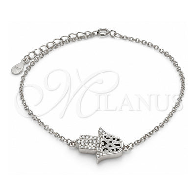 Sterling Silver Fancy Bracelet, Judaica and Hand of God Design, with White Cubic Zirconia, Polished, Rhodium Finish, 03.336.0092.07 (01 MM Thickness, 7 Inches Length)