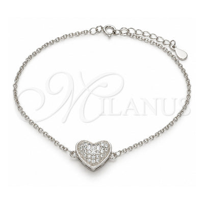 Sterling Silver Fancy Bracelet, Heart Design, with White Cubic Zirconia, Polished, Rhodium Finish, 03.336.0094.07 (01 MM Thickness, 7 Inches Length)