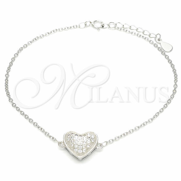 Sterling Silver Fancy Bracelet, Heart Design, with White Cubic Zirconia, Polished, Rhodium Finish, 03.336.0094.07 (01 MM Thickness, 7 Inches Length)