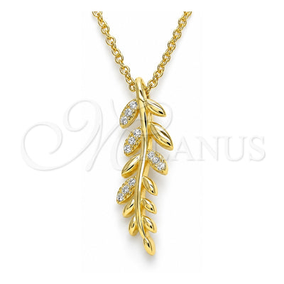 Sterling Silver Pendant Necklace, Leaf Design, with White Micro Pave, Polished, Golden Finish, 04.336.0025.2.16 (01 MM Thickness, 16 Inches Length)