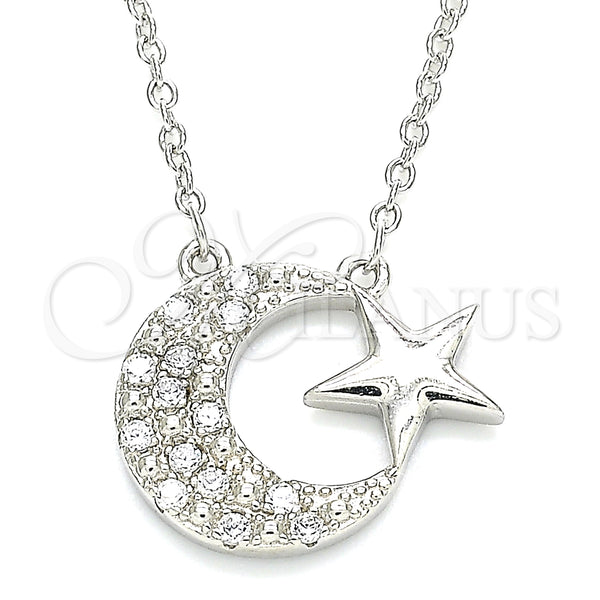 Sterling Silver Pendant Necklace, Moon and Star Design, with White Cubic Zirconia, Polished, Rhodium Finish, 04.336.0179.16 (01 MM Thickness, 16 Inches Length)
