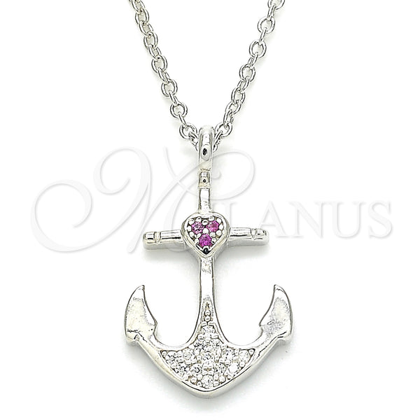 Sterling Silver Pendant Necklace, Anchor and Heart Design, with Ruby and White Micro Pave, Polished, Rhodium Finish, 04.336.0187.16 (01 MM Thickness, 16 Inches Length)