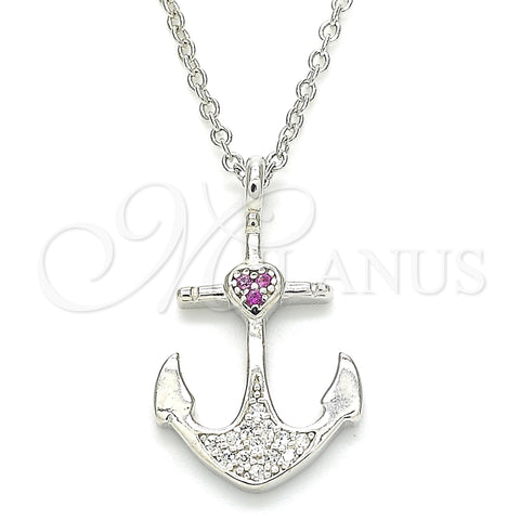 Sterling Silver Pendant Necklace, Anchor and Heart Design, with Ruby and White Micro Pave, Polished, Rhodium Finish, 04.336.0187.16 (01 MM Thickness, 16 Inches Length)