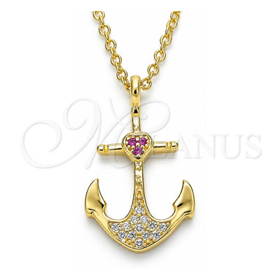 Sterling Silver Pendant Necklace, Anchor and Heart Design, with Ruby and White Micro Pave, Polished, Golden Finish, 04.336.0187.2.16 (01 MM Thickness, 16 Inches Length)