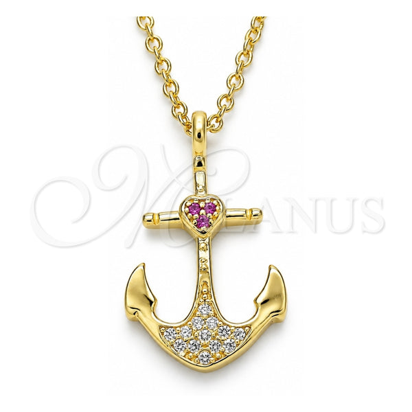 Sterling Silver Pendant Necklace, Anchor and Heart Design, with Ruby and White Micro Pave, Polished, Golden Finish, 04.336.0187.2.16 (01 MM Thickness, 16 Inches Length)