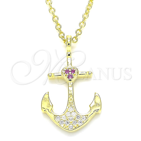 Sterling Silver Pendant Necklace, Anchor and Heart Design, with Ruby and White Micro Pave, Polished, Golden Finish, 04.336.0187.2.16 (01 MM Thickness, 16 Inches Length)