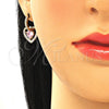 Oro Laminado Dangle Earring, Gold Filled Style Heart Design, with Pink Cubic Zirconia and Multicolor Micro Pave, Polished, Golden Finish, 02.65.2660