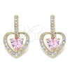 Oro Laminado Dangle Earring, Gold Filled Style Heart Design, with Pink Cubic Zirconia and Multicolor Micro Pave, Polished, Golden Finish, 02.65.2660