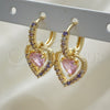 Oro Laminado Dangle Earring, Gold Filled Style Heart Design, with Pink Cubic Zirconia and Multicolor Micro Pave, Polished, Golden Finish, 02.65.2660