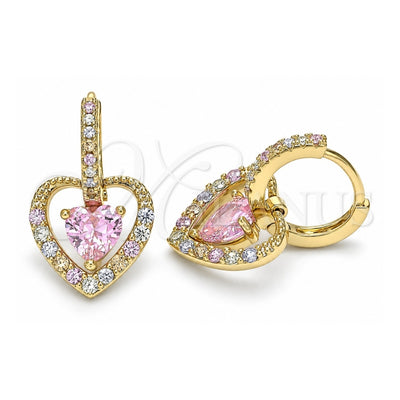 Oro Laminado Dangle Earring, Gold Filled Style Heart Design, with Pink Cubic Zirconia and Multicolor Micro Pave, Polished, Golden Finish, 02.65.2660