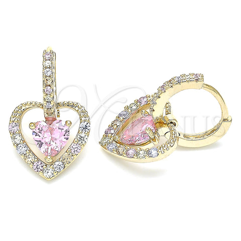 Oro Laminado Dangle Earring, Gold Filled Style Heart Design, with Pink Cubic Zirconia and Multicolor Micro Pave, Polished, Golden Finish, 02.65.2660