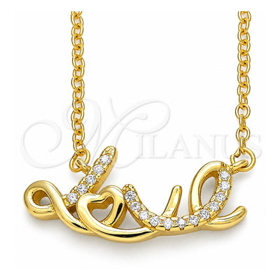Sterling Silver Pendant Necklace, Love Design, with White Cubic Zirconia, Polished, Golden Finish, 04.336.0021.2.16 (01 MM Thickness, 16 Inches Length)