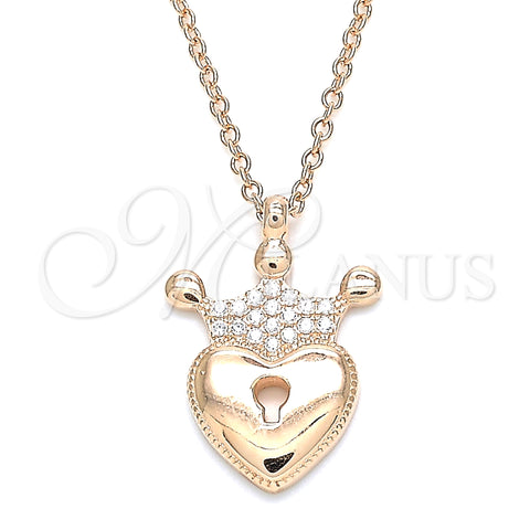 Sterling Silver Pendant Necklace, Lock and Crown Design, with White Cubic Zirconia, Polished, Rose Gold Finish, 04.336.0010.1.16 (01 MM Thickness, 16 Inches Length)
