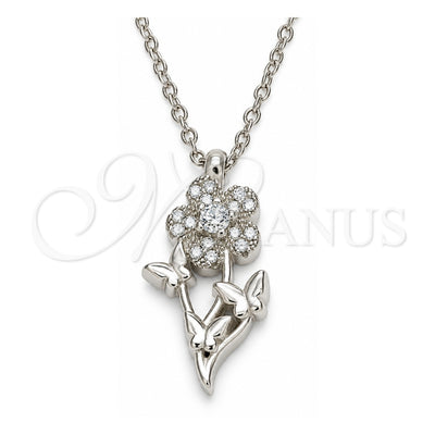 Sterling Silver Pendant Necklace, Flower and Butterfly Design, with White Cubic Zirconia, Polished, Rhodium Finish, 04.336.0200.16 (01 MM Thickness, 16 Inches Length)