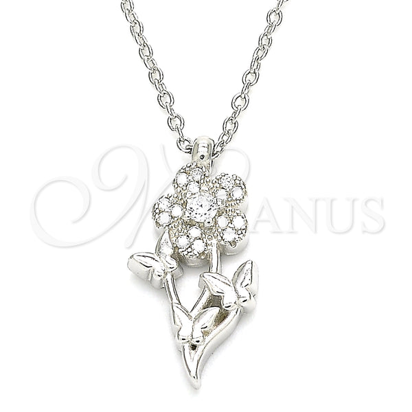 Sterling Silver Necklace — Pendant Necklace Flower and Butterfly Design with White — main product view — SKU 130873 | Plata 925 collar — Pendant Necklace flor and Butterfly diseño with blanco — SKU 130873