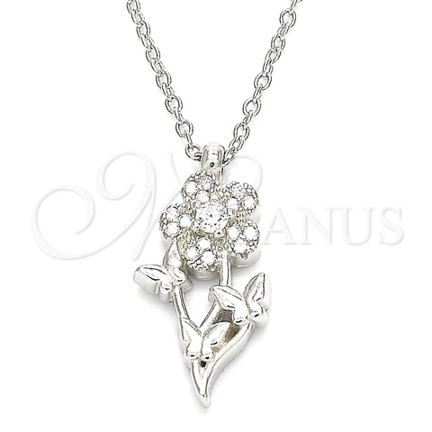 Sterling Silver Pendant Necklace, Flower and Butterfly Design, with White Cubic Zirconia, Polished, Rhodium Finish, 04.336.0200.16 (01 MM Thickness, 16 Inches Length)