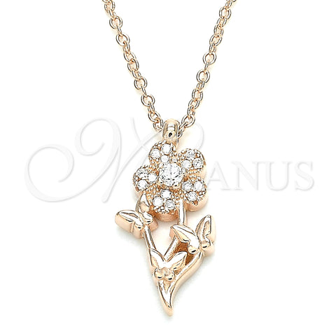 Sterling Silver Pendant Necklace, Flower and Butterfly Design, with White Cubic Zirconia and White Crystal, Polished, Rose Gold Finish, 04.336.0200.1.16 (01 MM Thickness, 16 Inches Length)