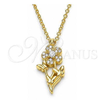 Sterling Silver Pendant Necklace, Flower and Butterfly Design, with White Cubic Zirconia and White Crystal, Polished, Golden Finish, 04.336.0200.2.16 (01 MM Thickness, 16 Inches Length)