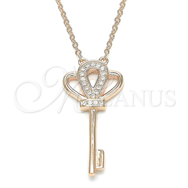 Sterling Silver Pendant Necklace, key Design, with White Cubic Zirconia, Polished, Rose Gold Finish, 04.336.0049.1.16 (01 MM Thickness, 16 Inches Length)