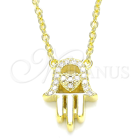 Sterling Silver Pendant Necklace, Hand of God and Heart Design, with White Cubic Zirconia, Polished, Golden Finish, 04.336.0213.2.16 (01 MM Thickness, 16 Inches Length)