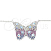 Sterling Silver Pendant Necklace, Butterfly and Evil Eye Design, with White Micro Pave, Multicolor Enamel Finish, Rhodium Finish, 04.336.0215.16